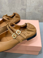 MIUMIU 26S DOUBLE STRAP MARY JANE FLATS IN CARAMEL BROWN SHEEPSKIN