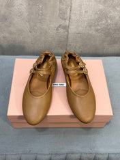 MIUMIU 26S DOUBLE STRAP MARY JANE FLATS IN CARAMEL BROWN SHEEPSKIN
