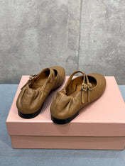 MIUMIU 26S DOUBLE STRAP MARY JANE FLATS IN CARAMEL BROWN SHEEPSKIN