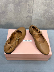 MIUMIU 26S DOUBLE STRAP MARY JANE FLATS IN CARAMEL BROWN SHEEPSKIN