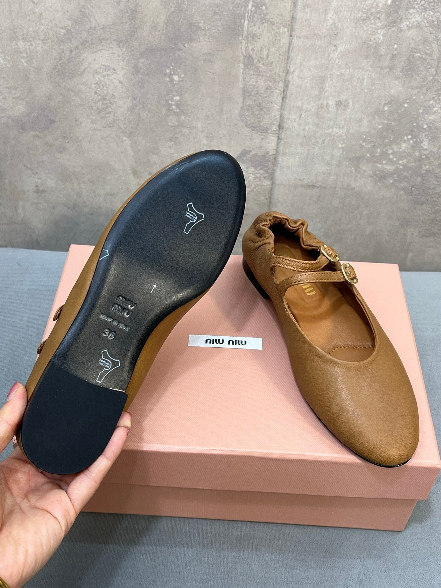 MIUMIU 26S DOUBLE STRAP MARY JANE FLATS IN CARAMEL BROWN SHEEPSKIN