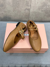 MIUMIU 26S DOUBLE STRAP MARY JANE FLATS IN CARAMEL BROWN SHEEPSKIN