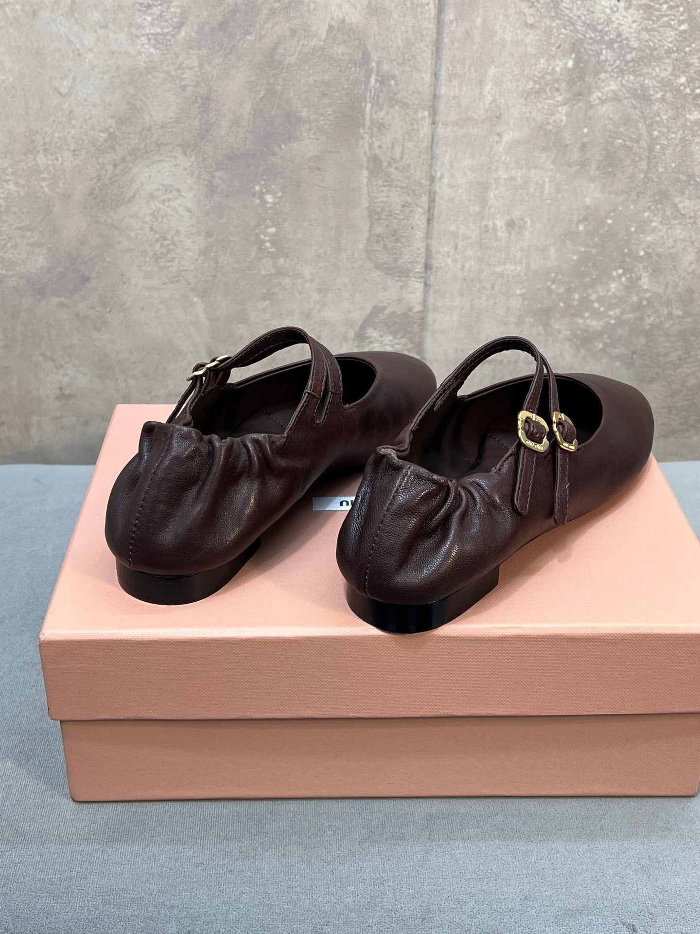 MIUMIU 26S DOUBLE STRAP MARY JANE FLATS IN DARK BROWN SHEEPSKIN