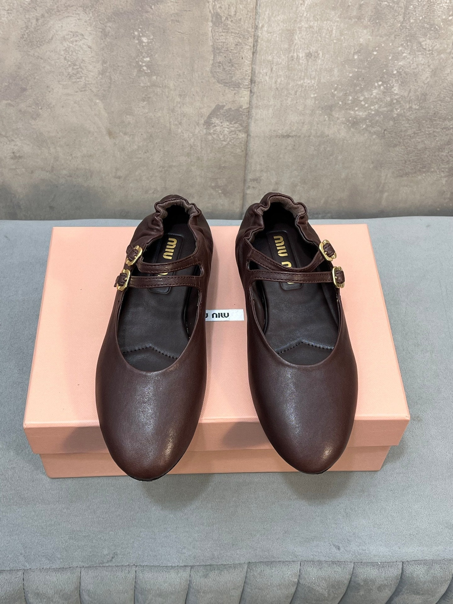 MIUMIU 26S DOUBLE STRAP MARY JANE FLATS IN DARK BROWN SHEEPSKIN