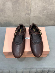 MIUMIU 26S DOUBLE STRAP MARY JANE FLATS IN DARK BROWN SHEEPSKIN