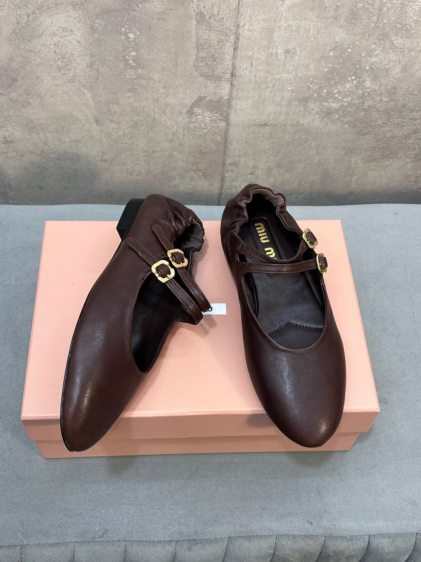 MIUMIU 26S DOUBLE STRAP MARY JANE FLATS IN DARK BROWN SHEEPSKIN