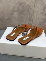 THE ROW 26S SQUARE TOE THONG SANDALS IN CARAMEL BROWN CROCODILE EMBOSSED CALFSKIN