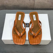 THE ROW 26S SQUARE TOE THONG SANDALS IN CARAMEL BROWN CROCODILE EMBOSSED CALFSKIN