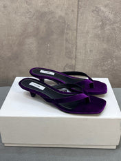 THE ROW 26S SQUARE TOE THONG KITTEN HEEL SANDALS 45MM IN PURPLE VELVET