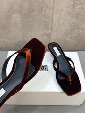 THE ROW 26S SQUARE TOE THONG KITTEN HEEL SANDALS 45MM IN RUST BROWN VELVET