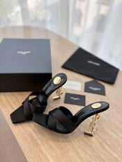 OPYUM OPEN TOE HIGH 10 CM MULES IN BLACK CALFSKIN