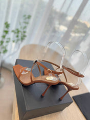HIGH HEEL SANDAL 10 CM IN BRONZE BROWN SATIN CREPE AND CRYSTAL
