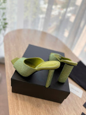 HIGH HEEL BLONDE MULE 10 CM IN OLIVE GREEN SATIN WITH RHINESTONES