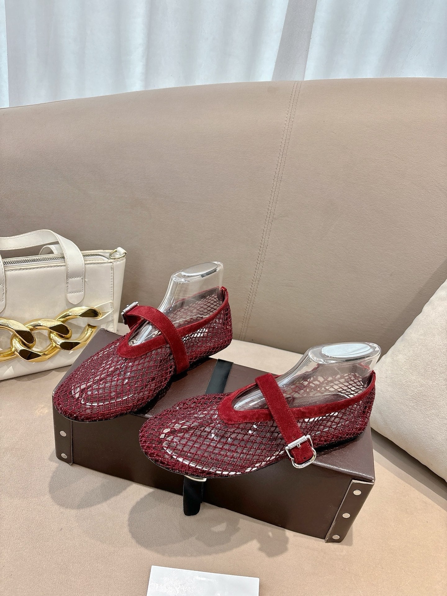ALAIA 26S MESH FLATS IN DARK RED SUEDE