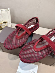ALAIA 26S MESH FLATS IN DARK RED SUEDE