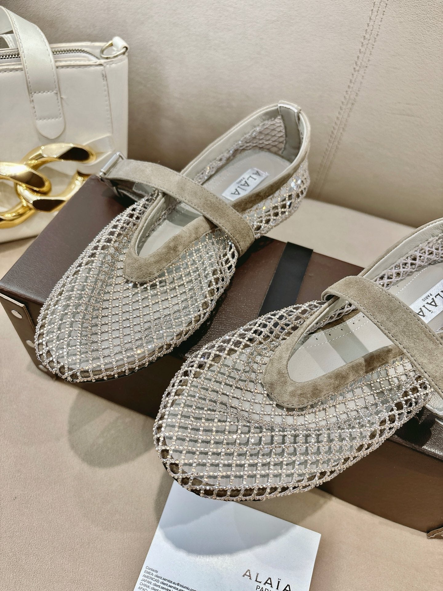 ALAIA 26S MESH FLATS IN BEIGE BROWN SUEDE