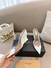 ALAIA 26S HIGH-HEEL WEDGE MULES 95 MM IN WHITE GLOSSY CALFSKIN