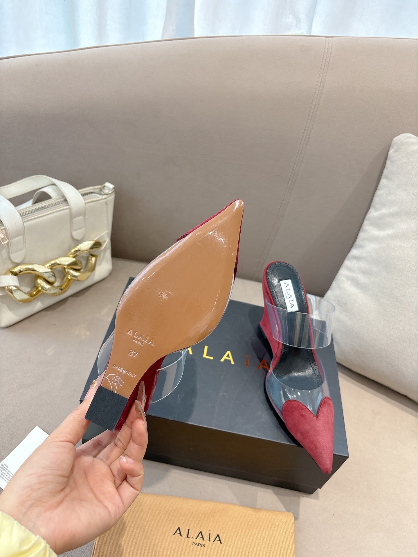 ALAIA 26S HIGH-HEEL WEDGE MULES 95 MM IN DARK RED SUEDE
