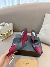 ALAIA 26S HIGH-HEEL WEDGE MULES 95 MM IN DARK RED SUEDE