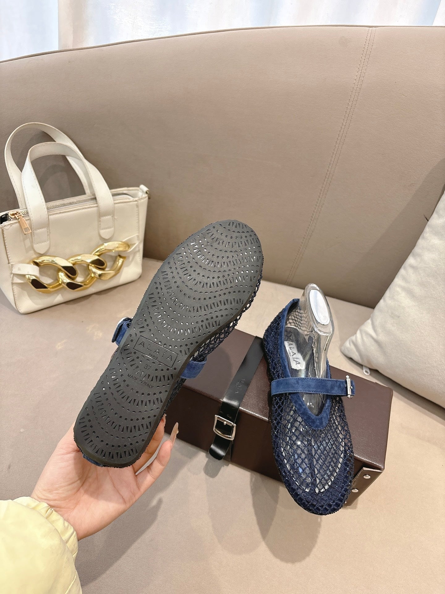 ALAIA 26S MESH FLATS IN NAVY BLUE SUEDE