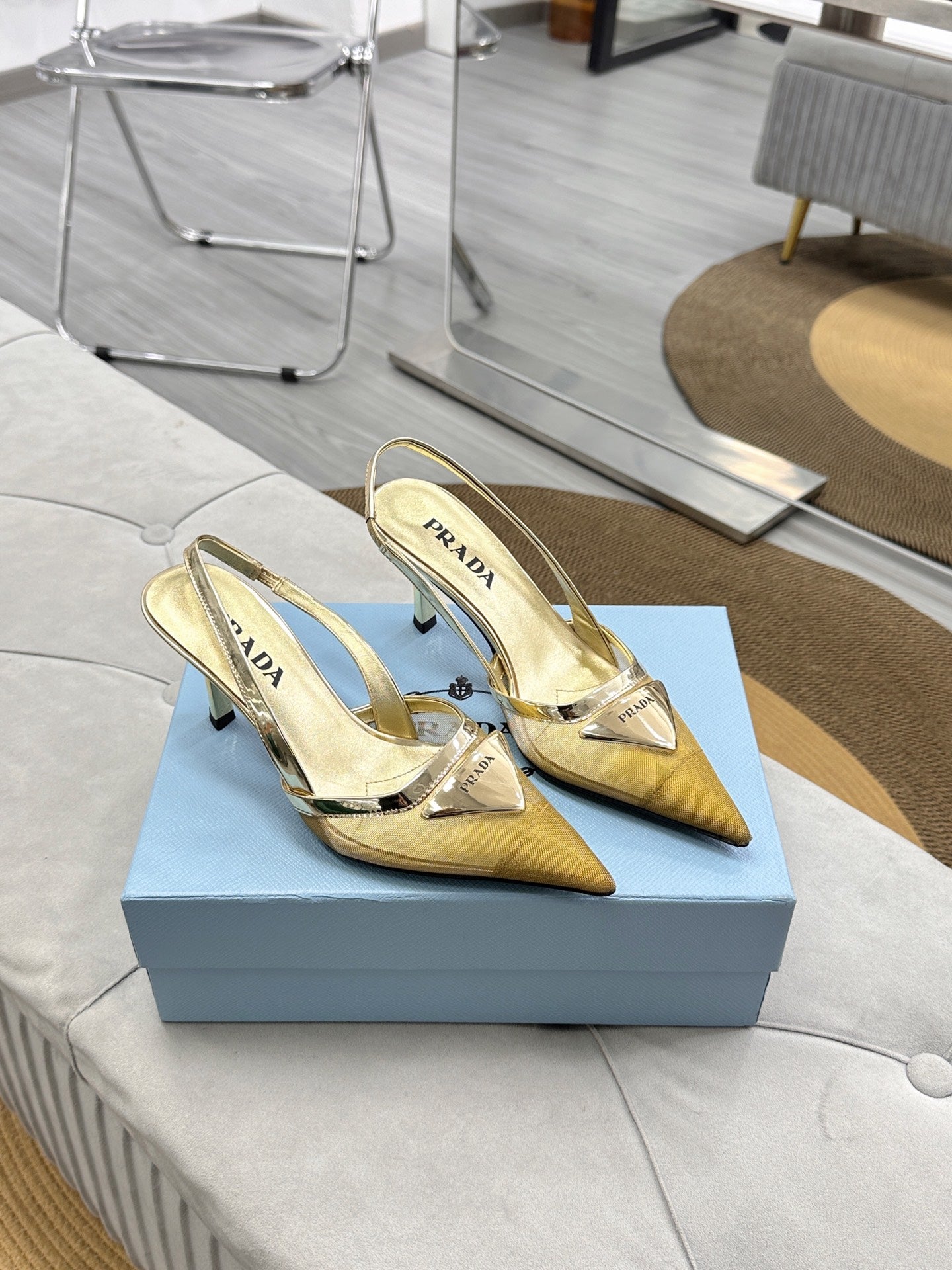 PRADA 25S TRIANGLE LOGO SLINGBACK PUMPS IN GOLD MESH FABRIC