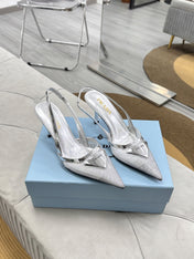 PRADA 25S TRIANGLE LOGO SLINGBACK PUMPS IN SILVER MESH FABRIC