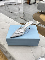 PRADA 25S TRIANGLE LOGO SLINGBACK PUMPS IN SILVER MESH FABRIC