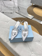 PRADA 25S TRIANGLE LOGO SLINGBACK PUMPS IN SILVER MESH FABRIC