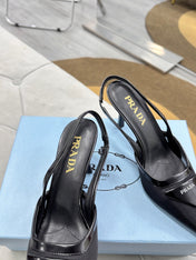 PRADA 25S TRIANGLE LOGO SLINGBACK PUMPS IN BLACK MESH FABRIC