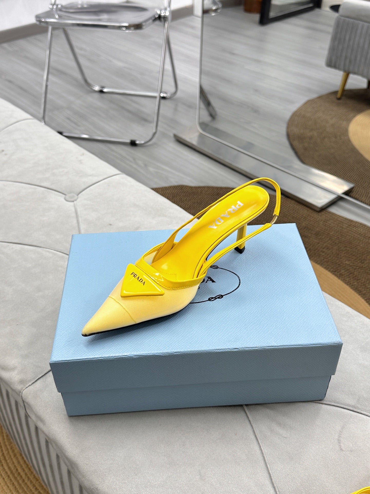 PRADA 25S TRIANGLE LOGO SLINGBACK PUMPS IN YELLOW MESH FABRIC