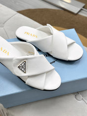 PRADA 25S SLIDE SANDALS IN WHITE CALFSKIN LOGO