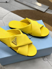 PRADA 25S SLIDE SANDALS IN YELLOW CALFSKIN LOGO