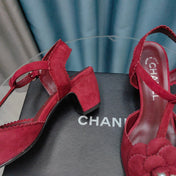 CC CAMELLIA SANDAL IN CHERRY RED SUEDE AND BLACK CALFSKIN WITH FLOWER