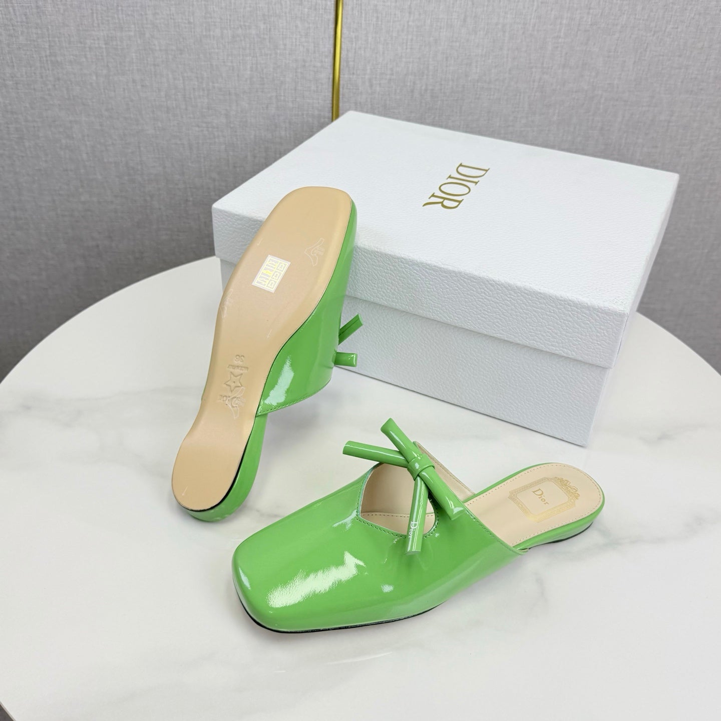 DIOR 26S PEARL-ACCENT BOW FLAT MULES IN FRESH GREEN GLOSSY CALFSKIN