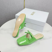 DIOR 26S PEARL-ACCENT BOW FLAT MULES IN FRESH GREEN GLOSSY CALFSKIN
