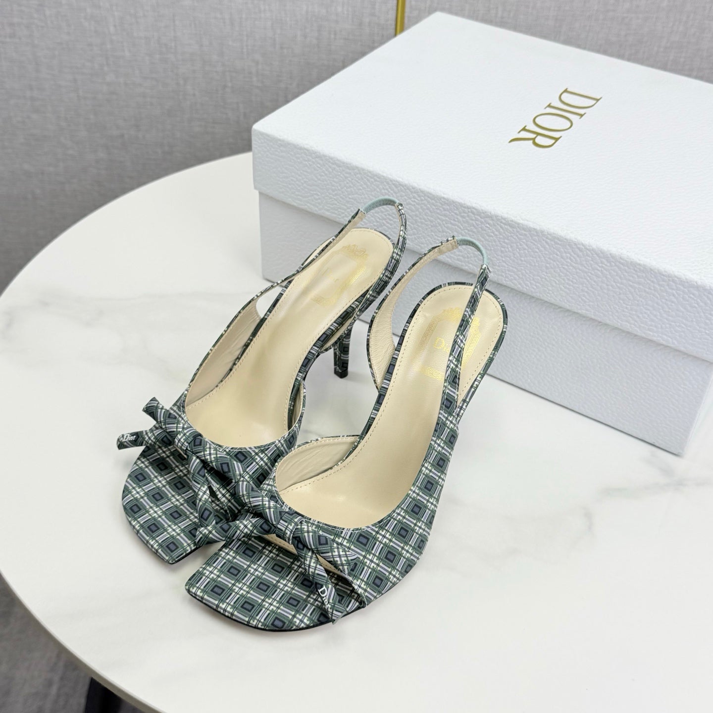 DIOR 26S HIGH-HEEL BACK-STRAP SHOES FABRIC WITH PLAID PATTERN