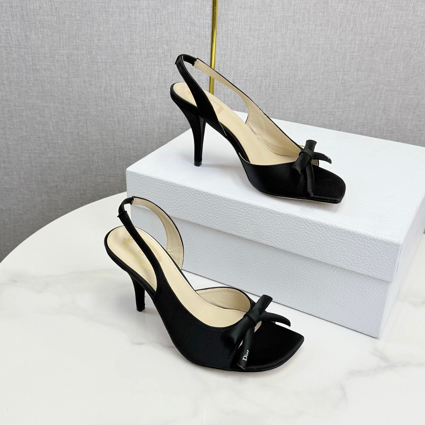 DIOR 26S HIGH-HEEL BACK-STRAP SHOES IN BLACK SATIN