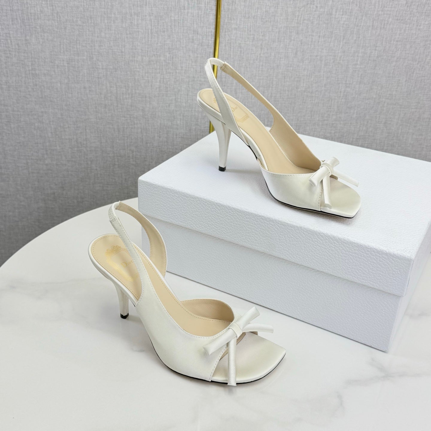 DIOR 26S HIGH-HEEL BACK-STRAP SHOES IN WHITE SATIN
