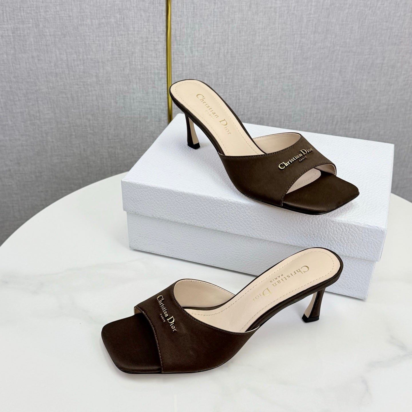 DIOR 26S HIGH-HEELED MULES IN DARK BROWN SATIN GOLD HARDWARE