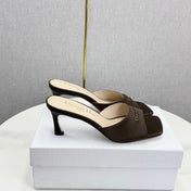 DIOR 26S HIGH-HEELED MULES IN DARK BROWN SATIN GOLD HARDWARE