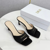 DIOR 26S HIGH-HEELED MULES IN BLACK SATIN GOLD HARDWARE