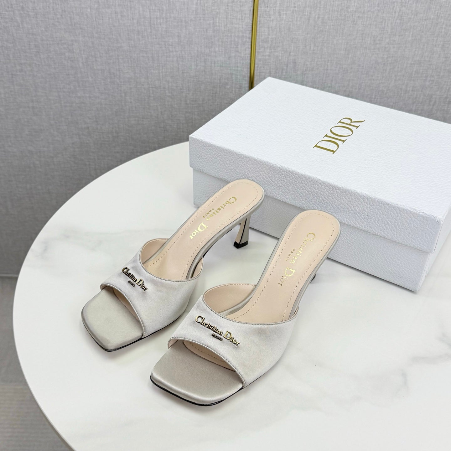 DIOR 26S HIGH-HEELED MULES IN LIGHT GRAY SATIN GOLD HARDWARE