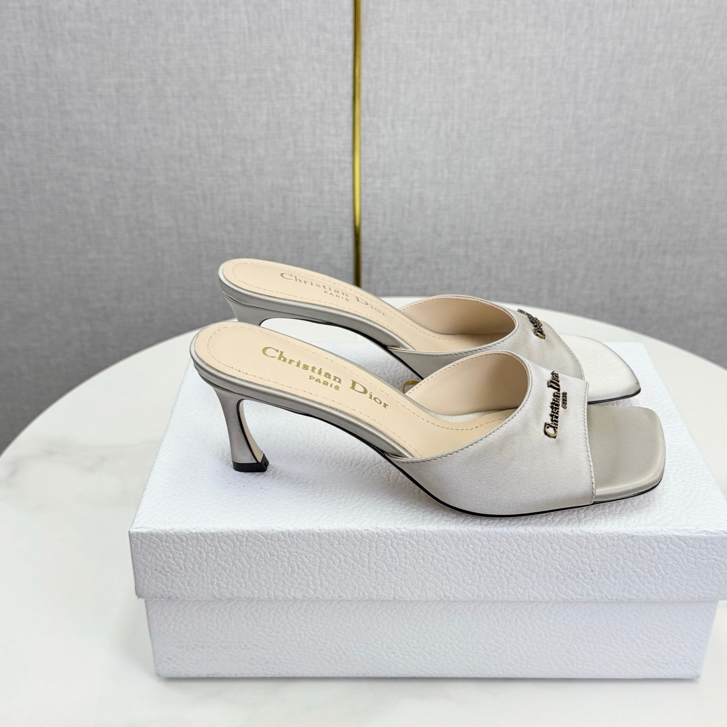 DIOR 26S HIGH-HEELED MULES IN LIGHT GRAY SATIN GOLD HARDWARE