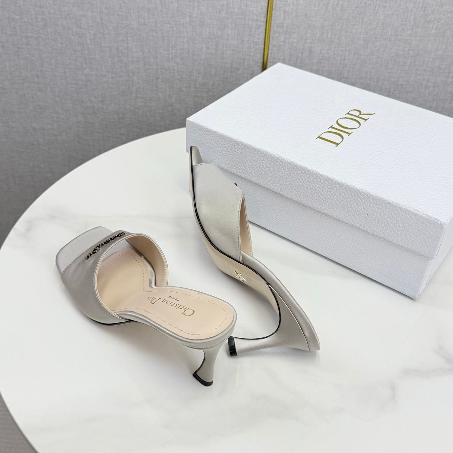 DIOR 26S HIGH-HEELED MULES IN LIGHT GRAY SATIN GOLD HARDWARE