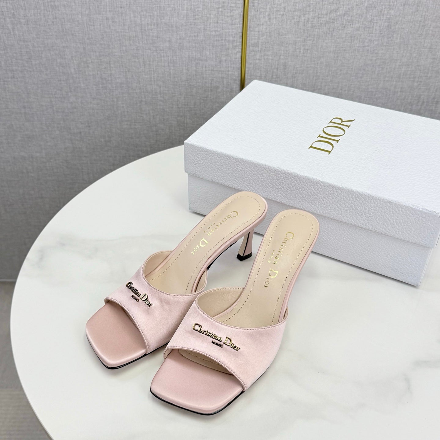DIOR 26S HIGH-HEELED MULES IN LIGHT PINK SATIN GOLD HARDWARE