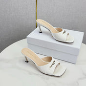 DIOR 26S HIGH-HEELED MULES IN WHITE SATIN GOLD HARDWARE