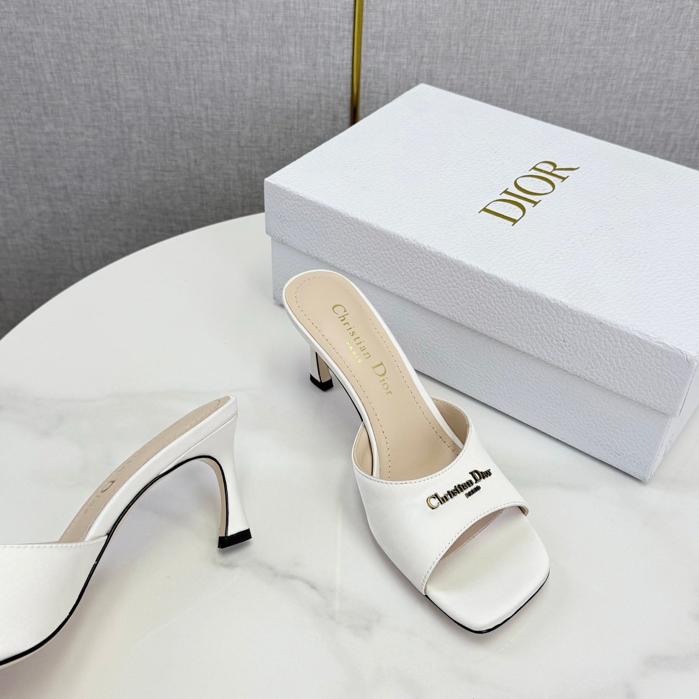 DIOR 26S HIGH-HEELED MULES IN WHITE SATIN GOLD HARDWARE