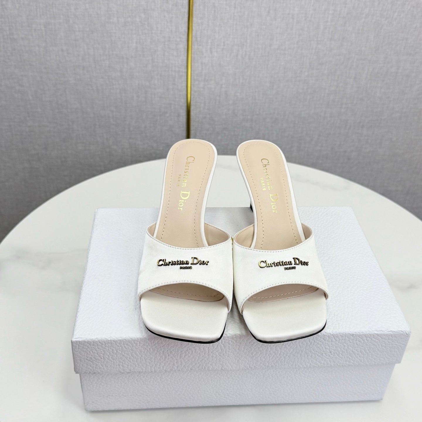 DIOR 26S HIGH-HEELED MULES IN WHITE SATIN GOLD HARDWARE