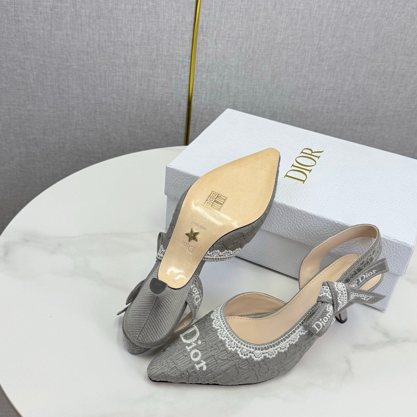 DIOR 26S SLINGBACK PUMPS IN GRAY FABRIC EMBOSSED LOGO