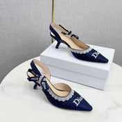 DIOR 26S SLINGBACK PUMPS IN NAVY BLUE FABRIC EMBOSSED LOGO